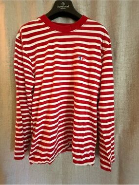 MAISON KITSUNE Maisonette Tricolour Red and White Striped Breton Tee EUC